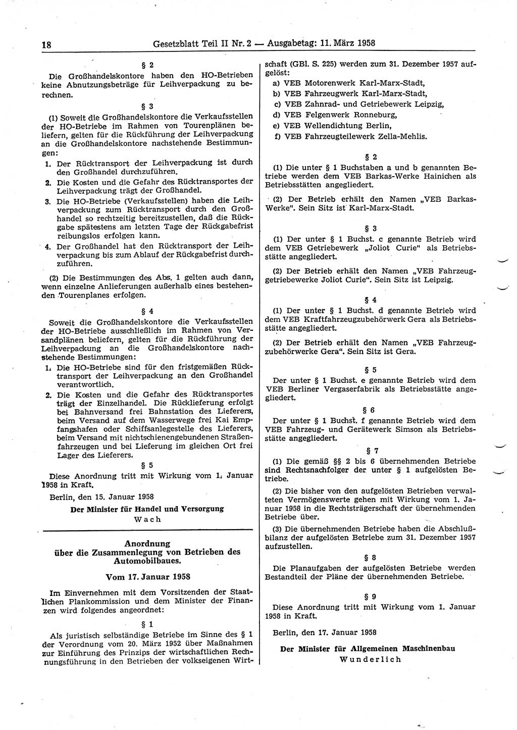 Gesetzblatt (GBl.) der Deutschen Demokratischen Republik (DDR) Teil ⅠⅠ 1958, Seite 18 (GBl. DDR ⅠⅠ 1958, S. 18)