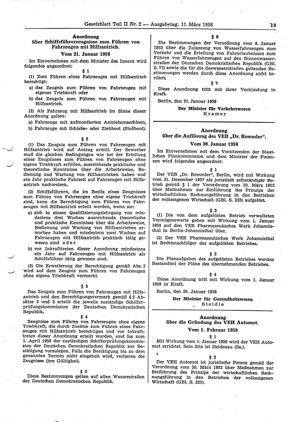 Gesetzblatt (GBl.) der Deutschen Demokratischen Republik (DDR) Teil ⅠⅠ 1958, Seite 19 (GBl. DDR ⅠⅠ 1958, S. 19)