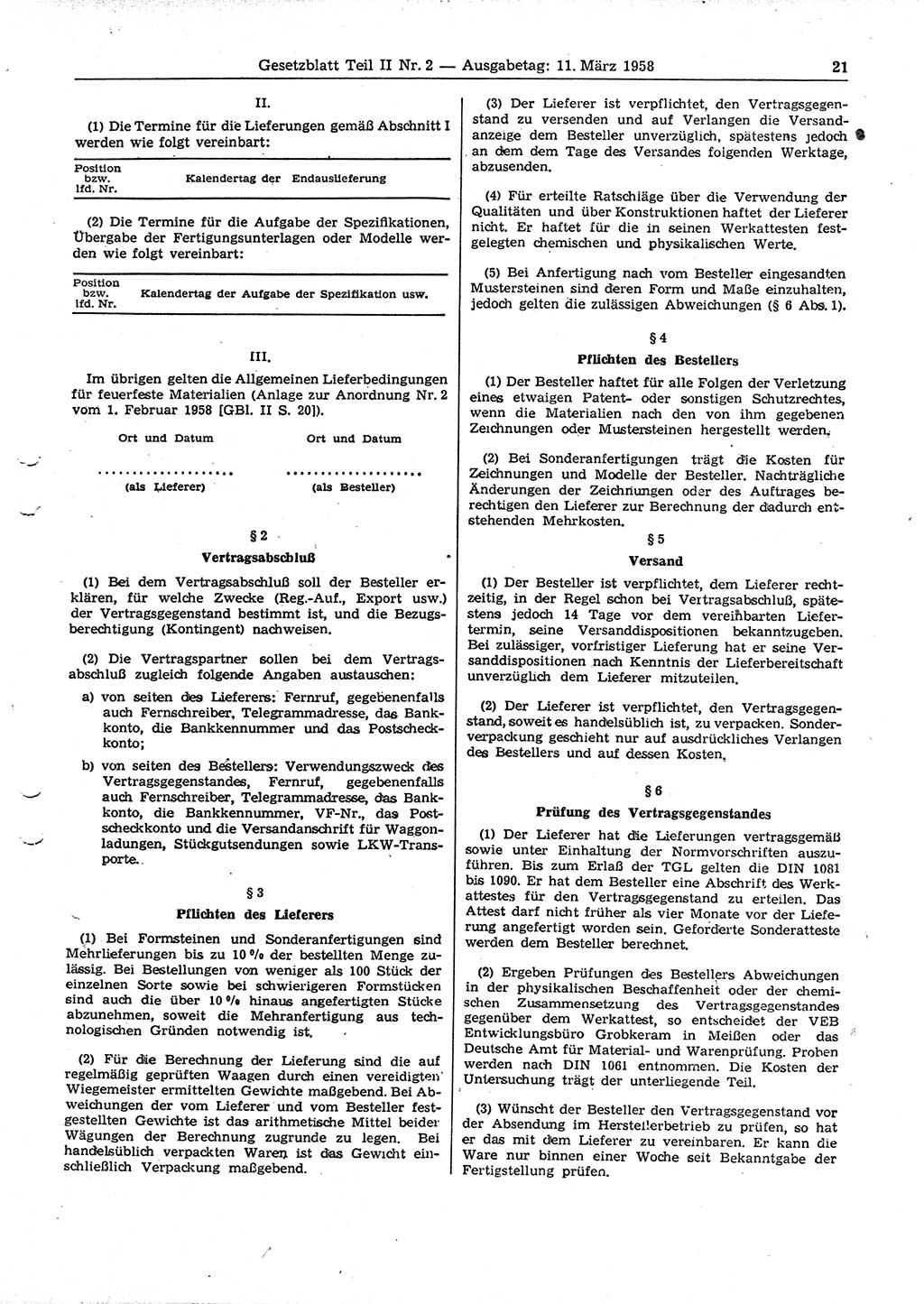 Gesetzblatt (GBl.) der Deutschen Demokratischen Republik (DDR) Teil ⅠⅠ 1958, Seite 21 (GBl. DDR ⅠⅠ 1958, S. 21)