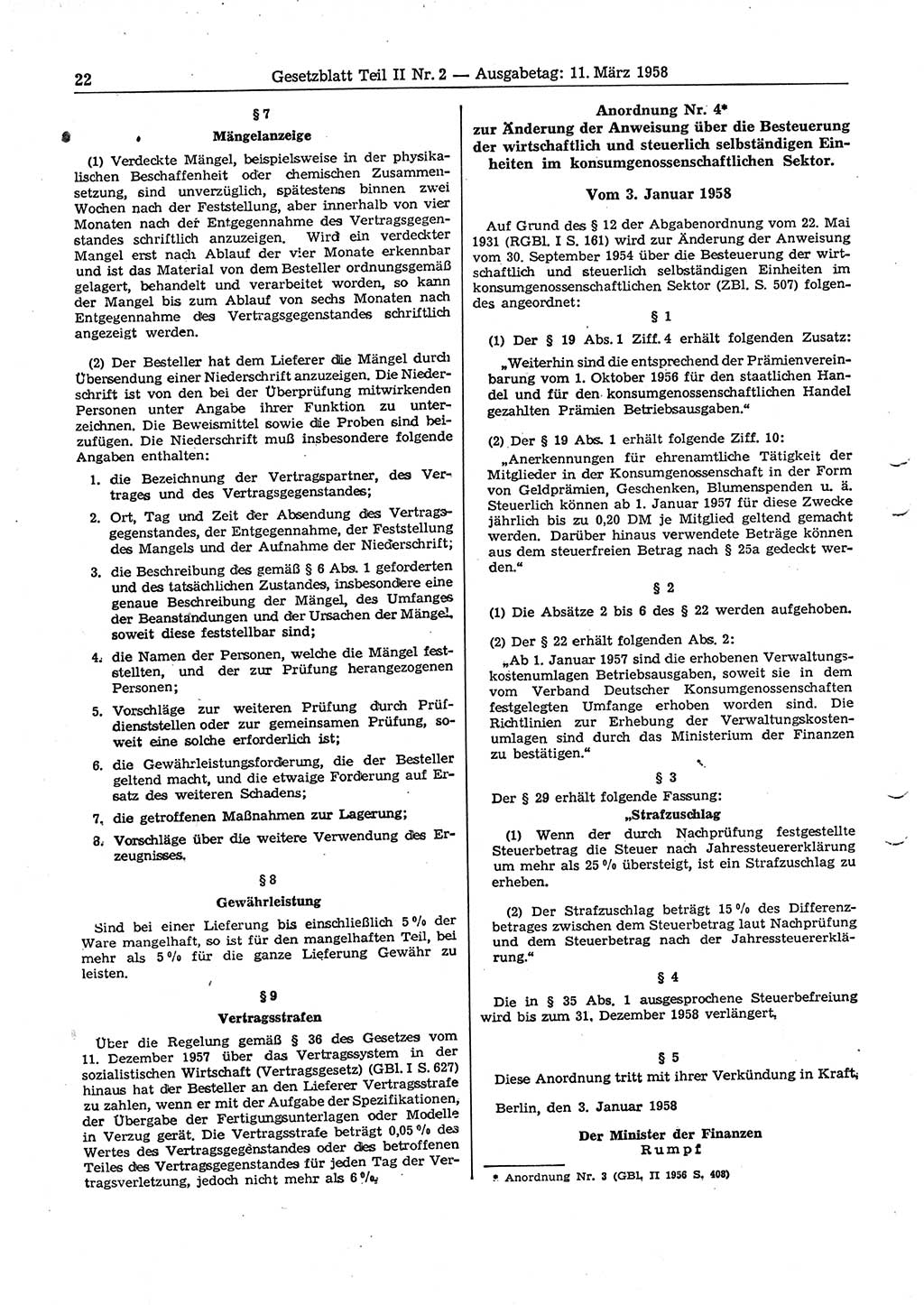 Gesetzblatt (GBl.) der Deutschen Demokratischen Republik (DDR) Teil ⅠⅠ 1958, Seite 22 (GBl. DDR ⅠⅠ 1958, S. 22)