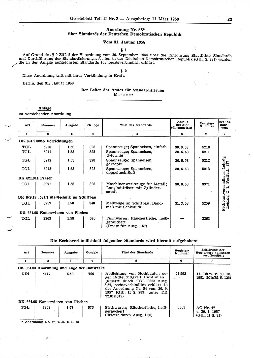 Gesetzblatt (GBl.) der Deutschen Demokratischen Republik (DDR) Teil ⅠⅠ 1958, Seite 23 (GBl. DDR ⅠⅠ 1958, S. 23)