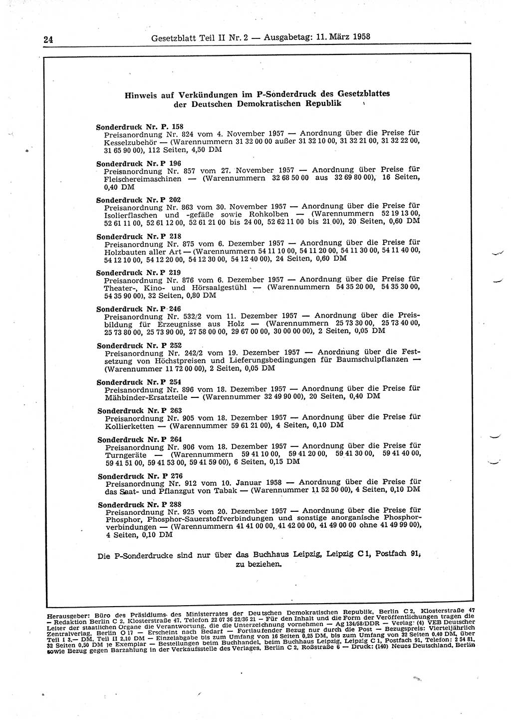 Gesetzblatt (GBl.) der Deutschen Demokratischen Republik (DDR) Teil ⅠⅠ 1958, Seite 24 (GBl. DDR ⅠⅠ 1958, S. 24)