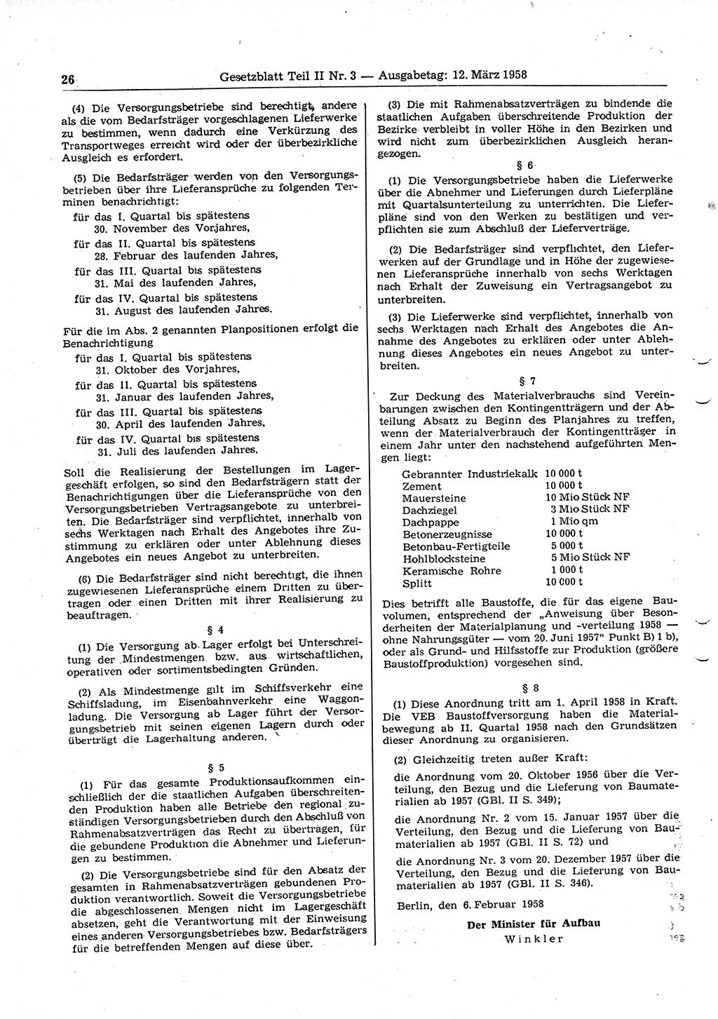 Gesetzblatt (GBl.) der Deutschen Demokratischen Republik (DDR) Teil ⅠⅠ 1958, Seite 26 (GBl. DDR ⅠⅠ 1958, S. 26)