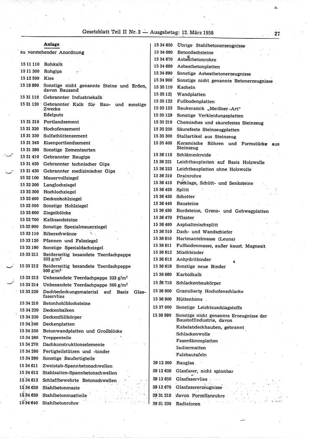 Gesetzblatt (GBl.) der Deutschen Demokratischen Republik (DDR) Teil ⅠⅠ 1958, Seite 27 (GBl. DDR ⅠⅠ 1958, S. 27)