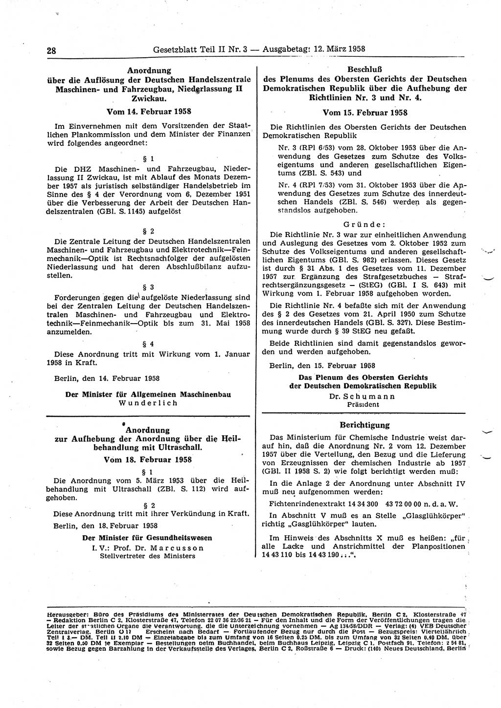Gesetzblatt (GBl.) der Deutschen Demokratischen Republik (DDR) Teil ⅠⅠ 1958, Seite 28 (GBl. DDR ⅠⅠ 1958, S. 28)