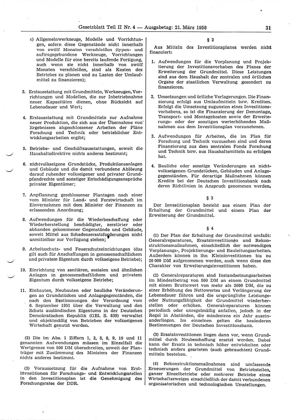 Gesetzblatt (GBl.) der Deutschen Demokratischen Republik (DDR) Teil ⅠⅠ 1958, Seite 31 (GBl. DDR ⅠⅠ 1958, S. 31)