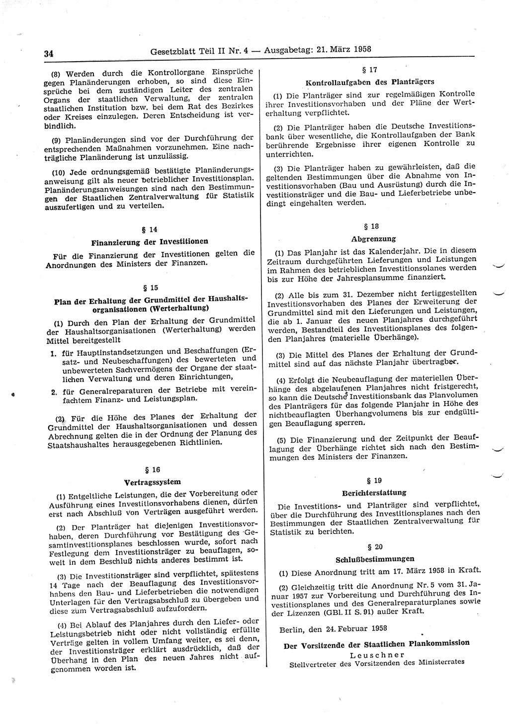 Gesetzblatt (GBl.) der Deutschen Demokratischen Republik (DDR) Teil ⅠⅠ 1958, Seite 34 (GBl. DDR ⅠⅠ 1958, S. 34)