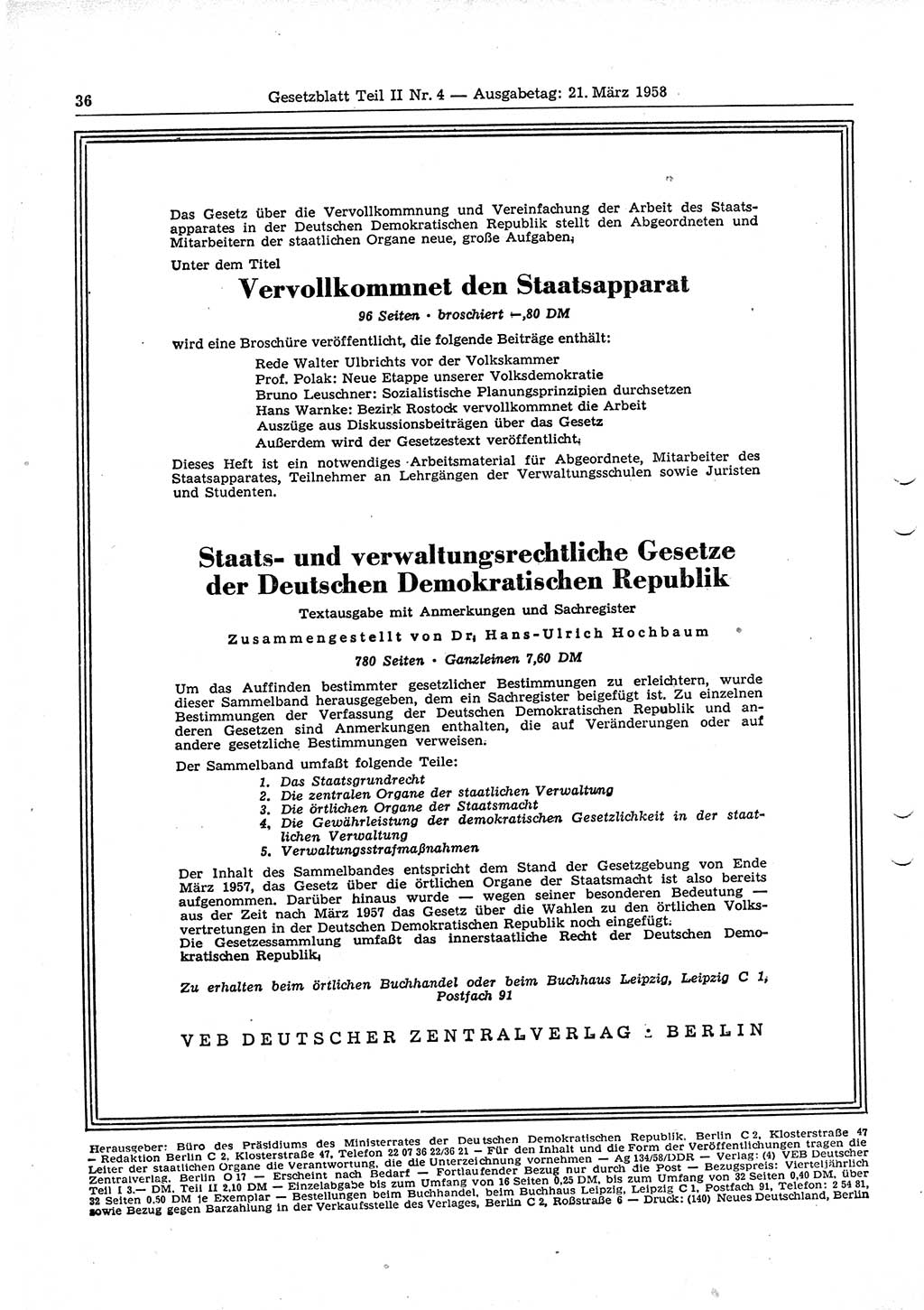 Gesetzblatt (GBl.) der Deutschen Demokratischen Republik (DDR) Teil ⅠⅠ 1958, Seite 36 (GBl. DDR ⅠⅠ 1958, S. 36)