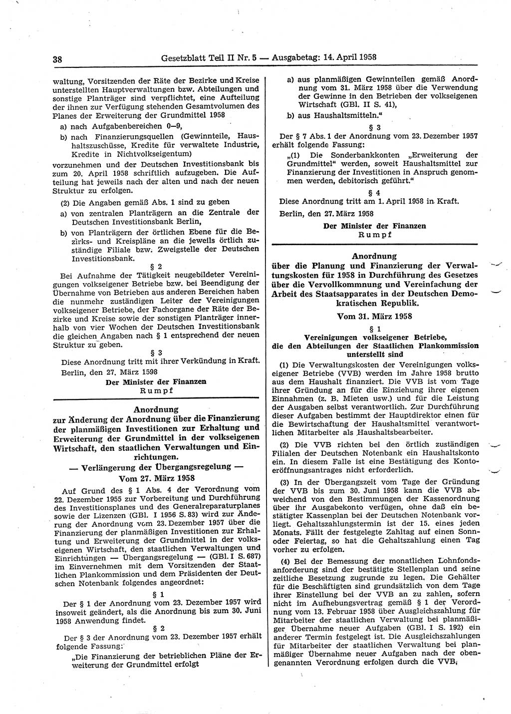 Gesetzblatt (GBl.) der Deutschen Demokratischen Republik (DDR) Teil ⅠⅠ 1958, Seite 38 (GBl. DDR ⅠⅠ 1958, S. 38)