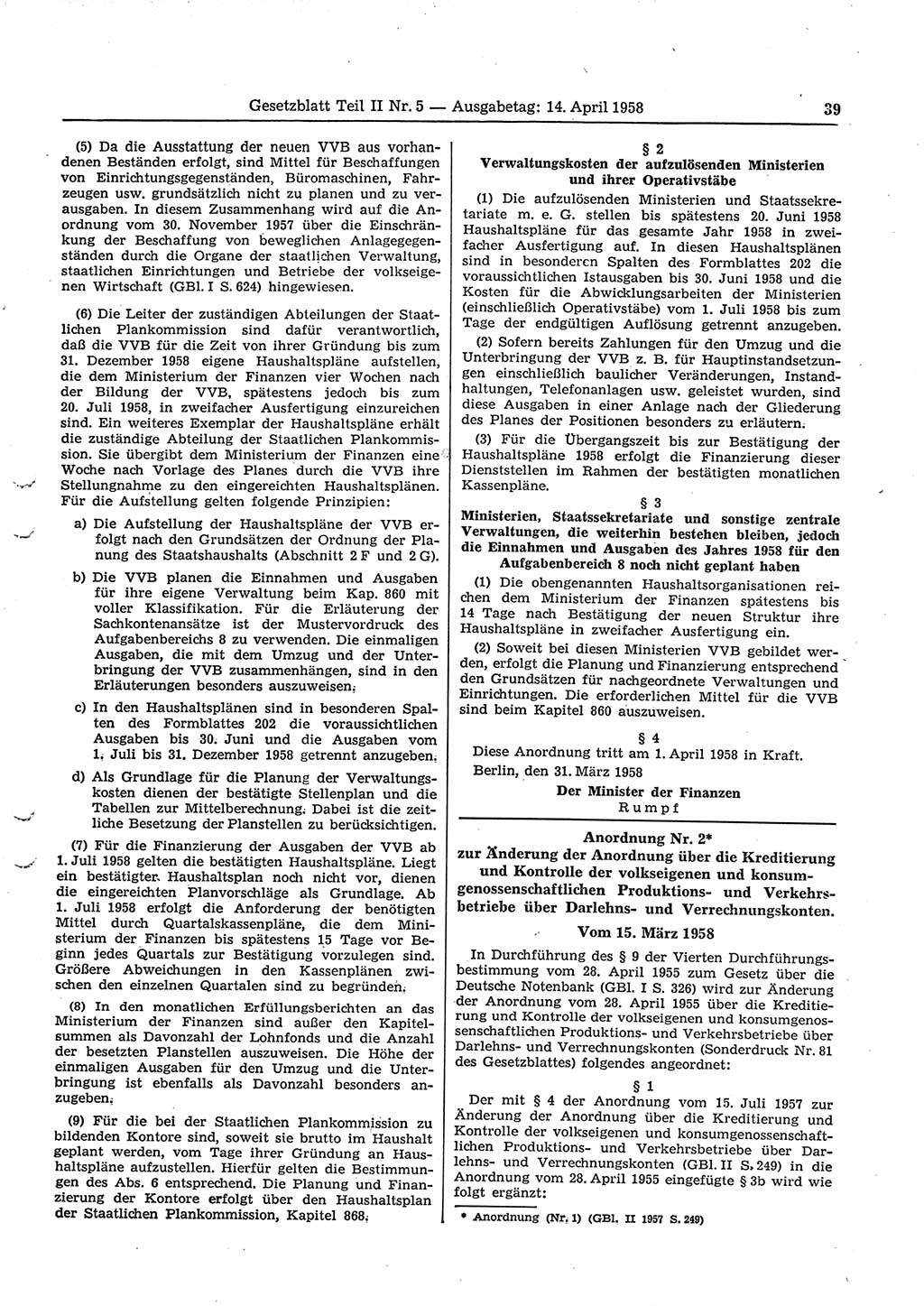 Gesetzblatt (GBl.) der Deutschen Demokratischen Republik (DDR) Teil ⅠⅠ 1958, Seite 39 (GBl. DDR ⅠⅠ 1958, S. 39)