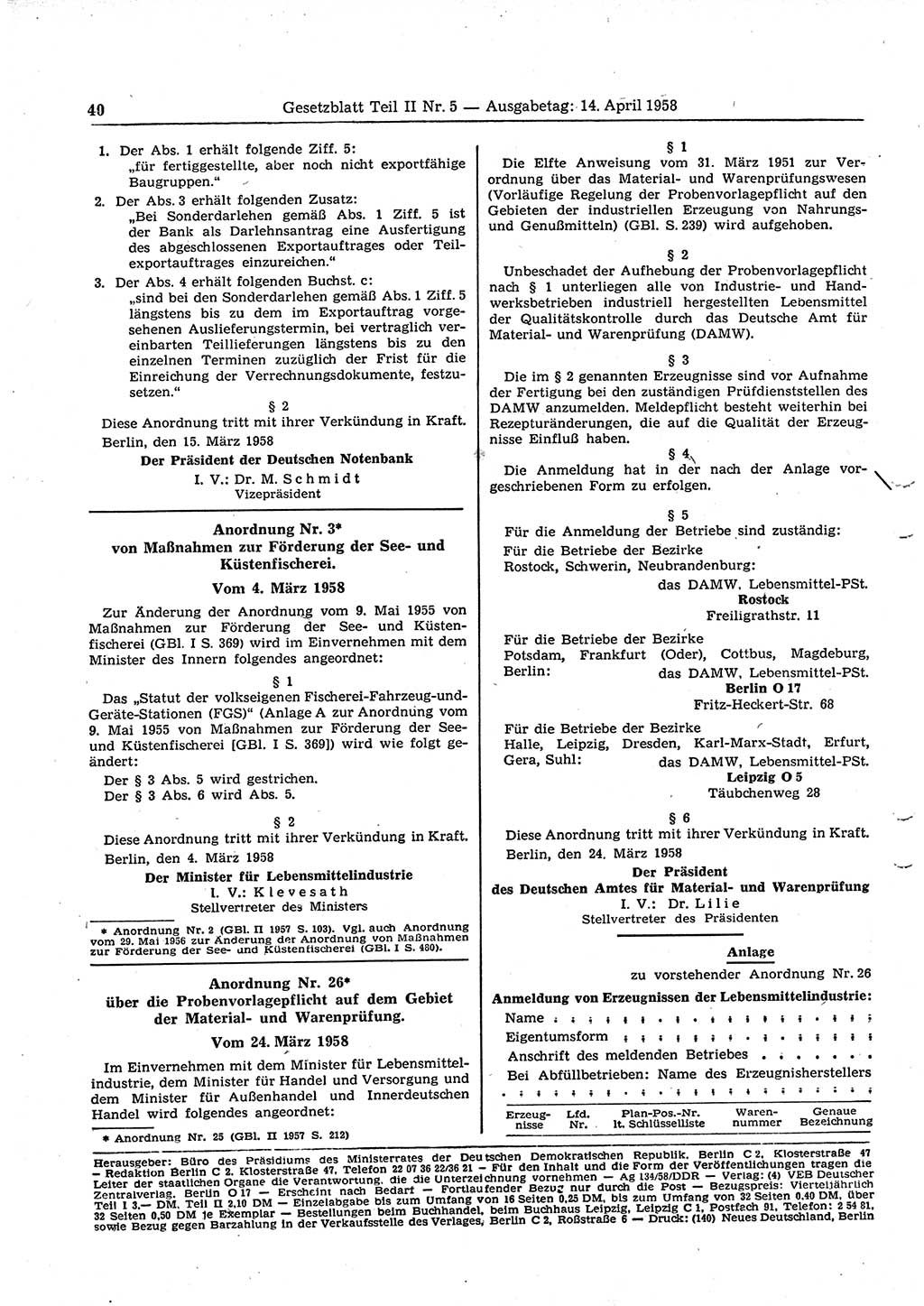 Gesetzblatt (GBl.) der Deutschen Demokratischen Republik (DDR) Teil ⅠⅠ 1958, Seite 40 (GBl. DDR ⅠⅠ 1958, S. 40)