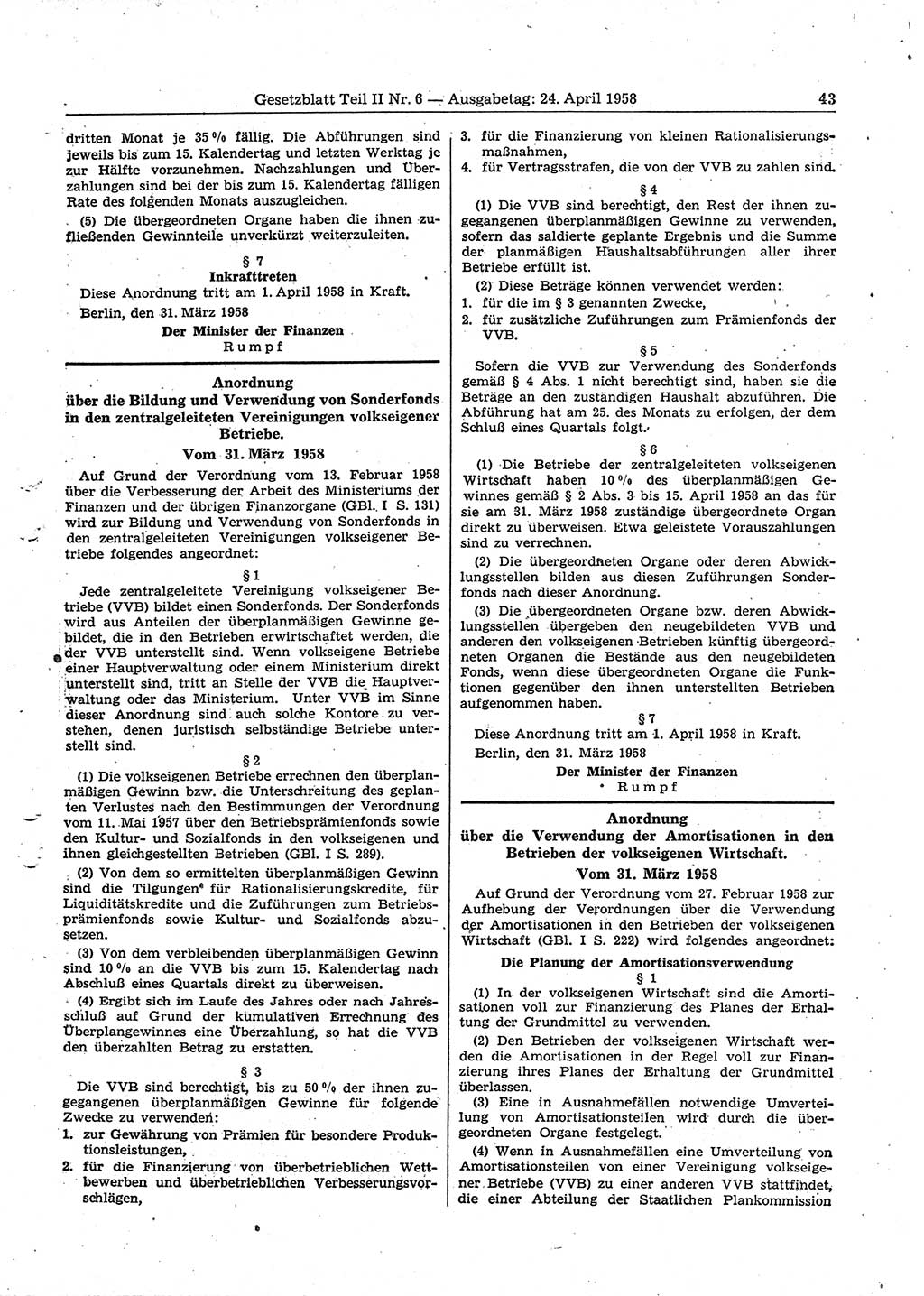 Gesetzblatt (GBl.) der Deutschen Demokratischen Republik (DDR) Teil ⅠⅠ 1958, Seite 43 (GBl. DDR ⅠⅠ 1958, S. 43)