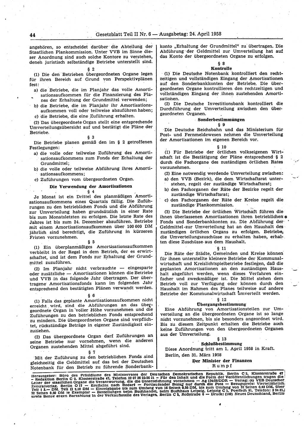 Gesetzblatt (GBl.) der Deutschen Demokratischen Republik (DDR) Teil ⅠⅠ 1958, Seite 44 (GBl. DDR ⅠⅠ 1958, S. 44)