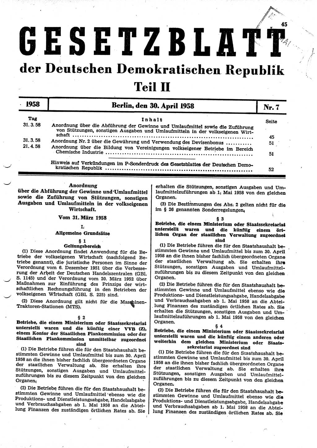 Gesetzblatt (GBl.) der Deutschen Demokratischen Republik (DDR) Teil ⅠⅠ 1958, Seite 45 (GBl. DDR ⅠⅠ 1958, S. 45)
