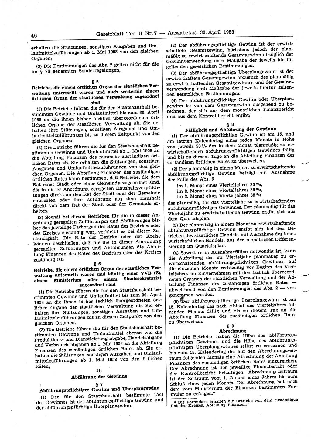 Gesetzblatt (GBl.) der Deutschen Demokratischen Republik (DDR) Teil ⅠⅠ 1958, Seite 46 (GBl. DDR ⅠⅠ 1958, S. 46)