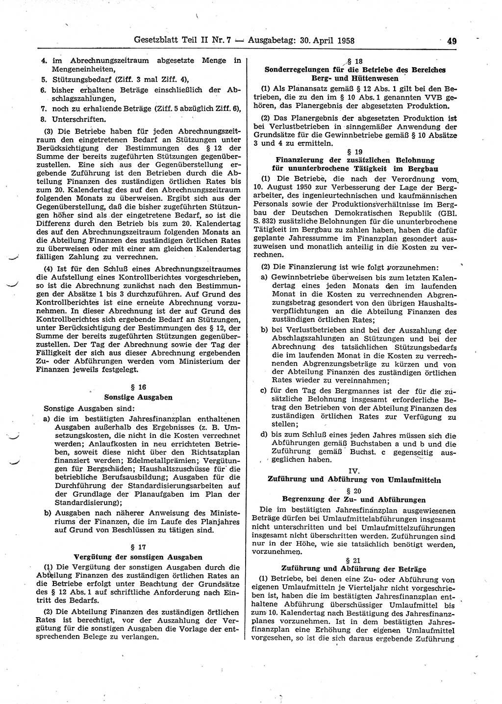 Gesetzblatt (GBl.) der Deutschen Demokratischen Republik (DDR) Teil ⅠⅠ 1958, Seite 49 (GBl. DDR ⅠⅠ 1958, S. 49)