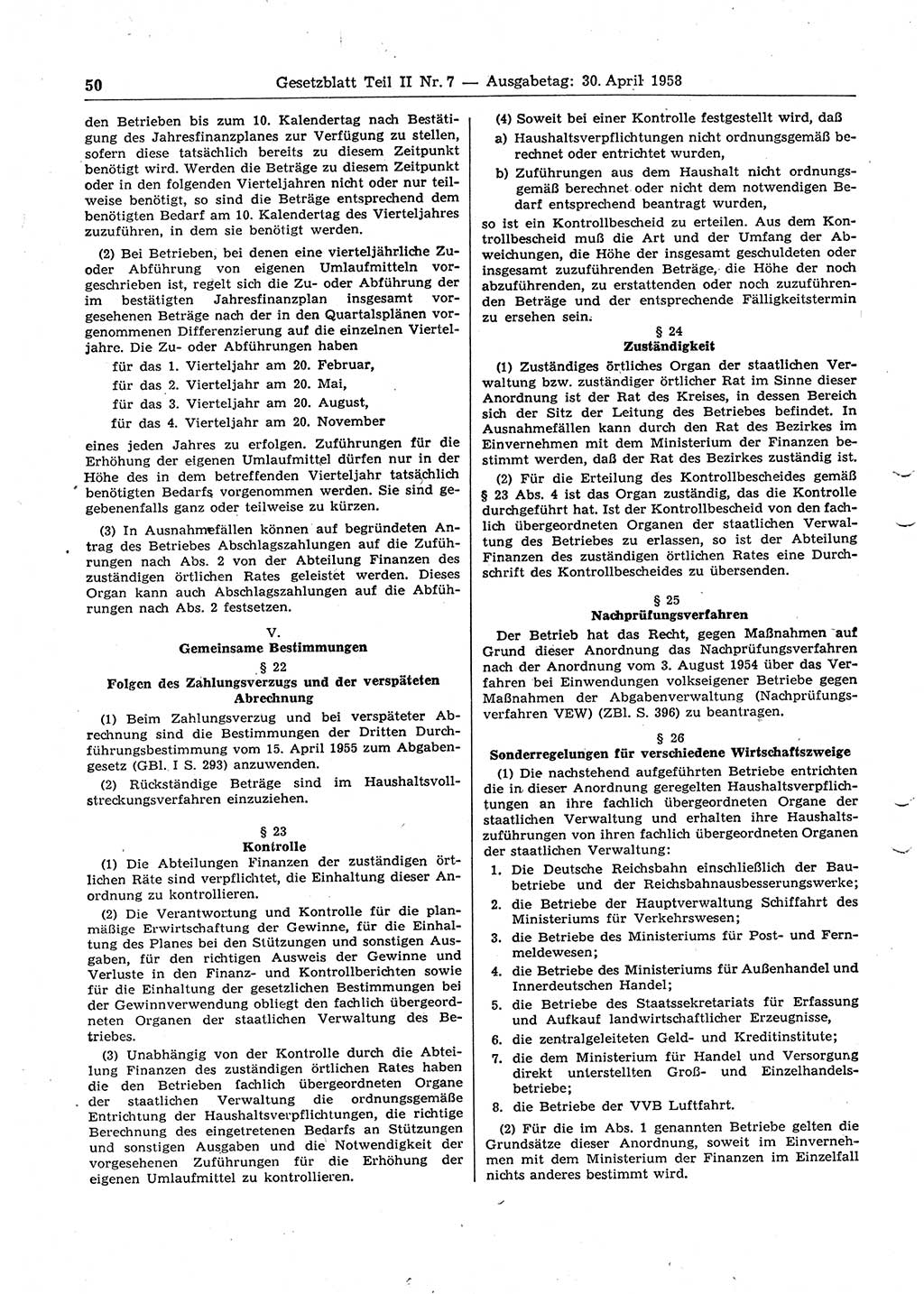 Gesetzblatt (GBl.) der Deutschen Demokratischen Republik (DDR) Teil ⅠⅠ 1958, Seite 50 (GBl. DDR ⅠⅠ 1958, S. 50)