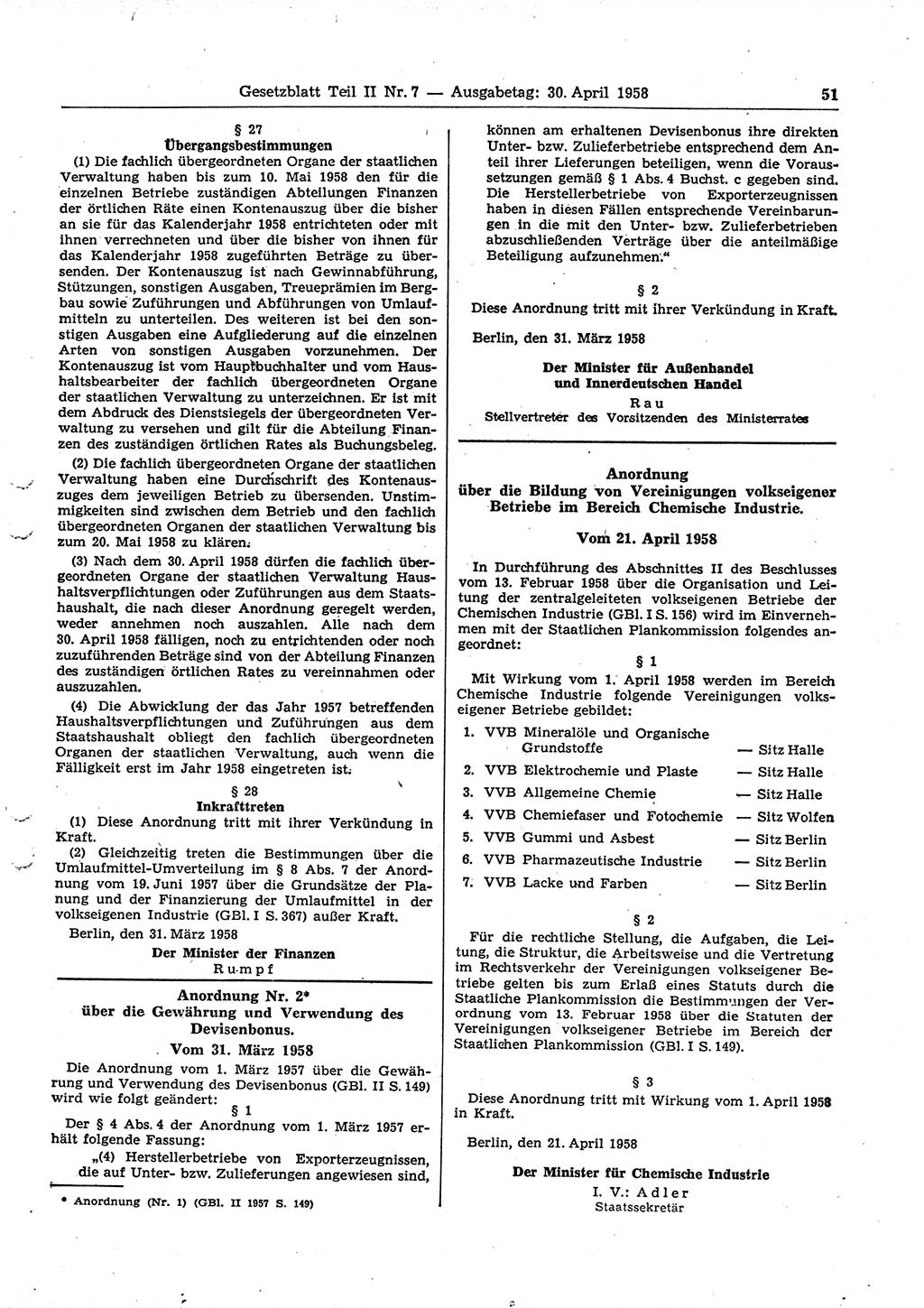 Gesetzblatt (GBl.) der Deutschen Demokratischen Republik (DDR) Teil ⅠⅠ 1958, Seite 51 (GBl. DDR ⅠⅠ 1958, S. 51)