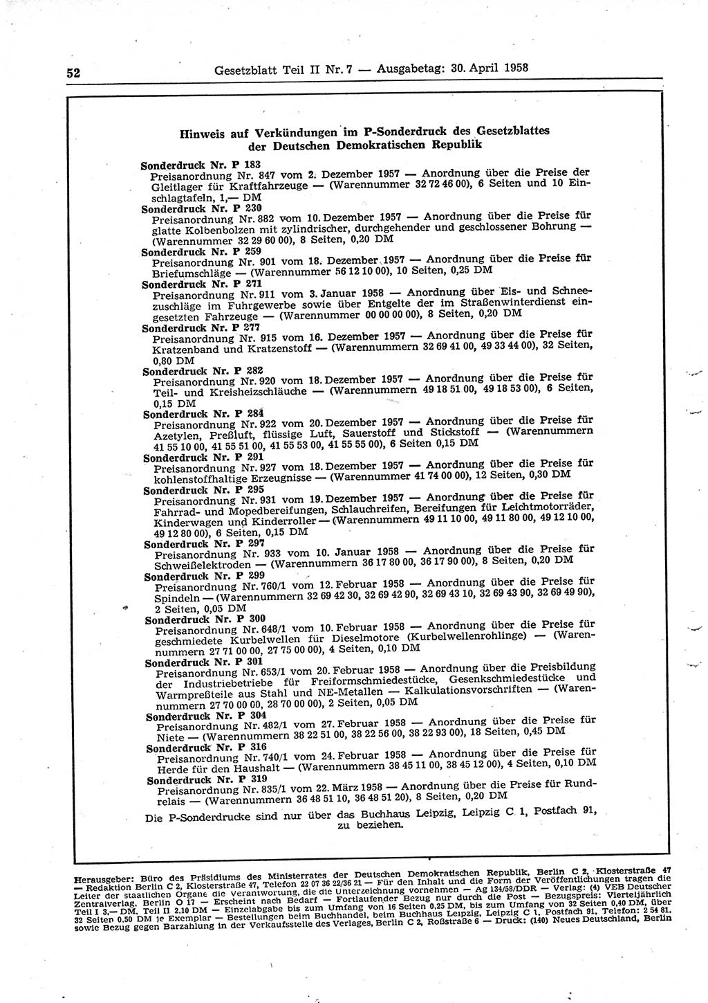 Gesetzblatt (GBl.) der Deutschen Demokratischen Republik (DDR) Teil ⅠⅠ 1958, Seite 52 (GBl. DDR ⅠⅠ 1958, S. 52)