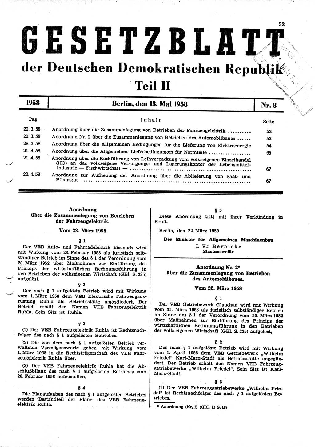 Gesetzblatt (GBl.) der Deutschen Demokratischen Republik (DDR) Teil ⅠⅠ 1958, Seite 53 (GBl. DDR ⅠⅠ 1958, S. 53)