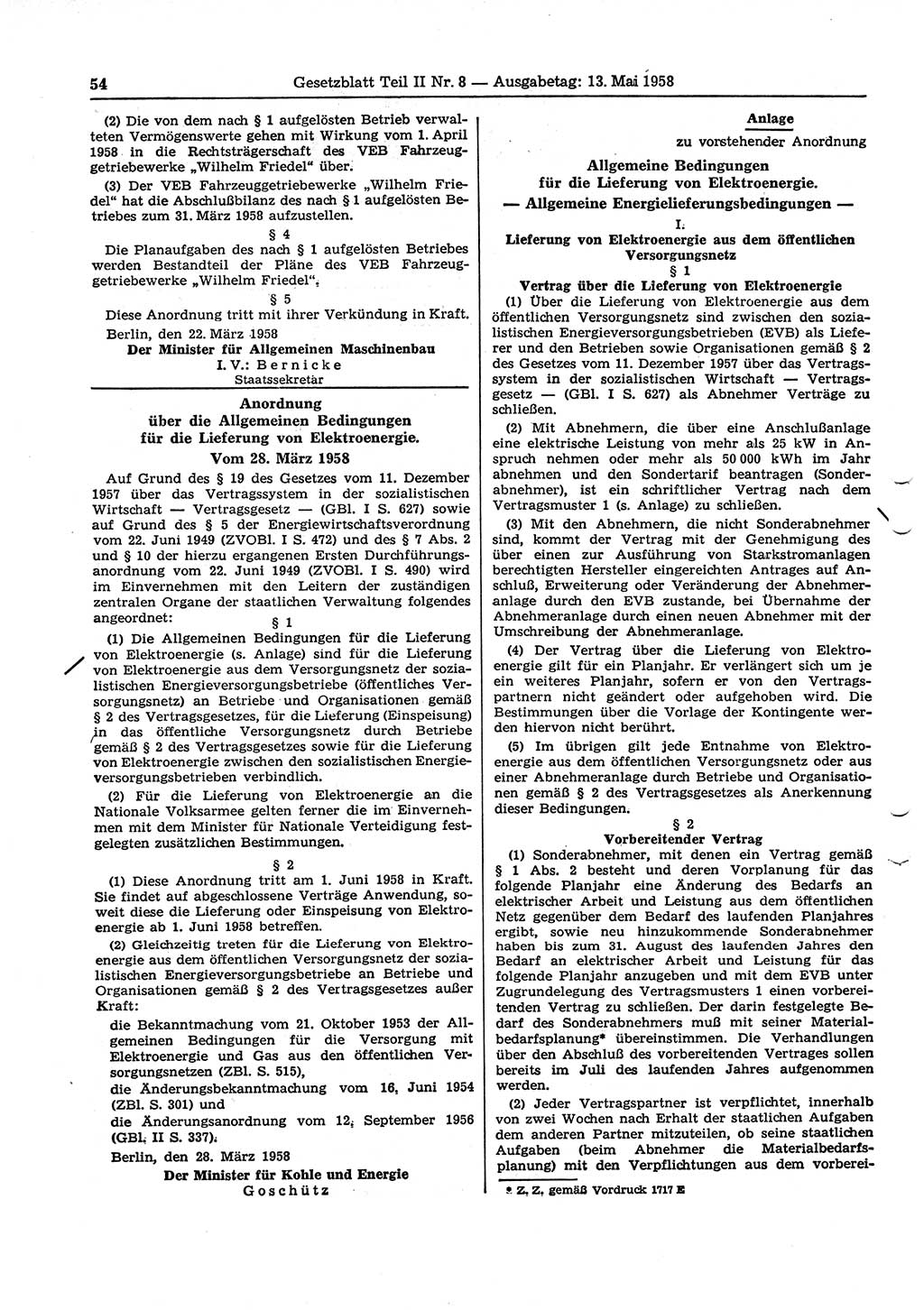 Gesetzblatt (GBl.) der Deutschen Demokratischen Republik (DDR) Teil ⅠⅠ 1958, Seite 54 (GBl. DDR ⅠⅠ 1958, S. 54)