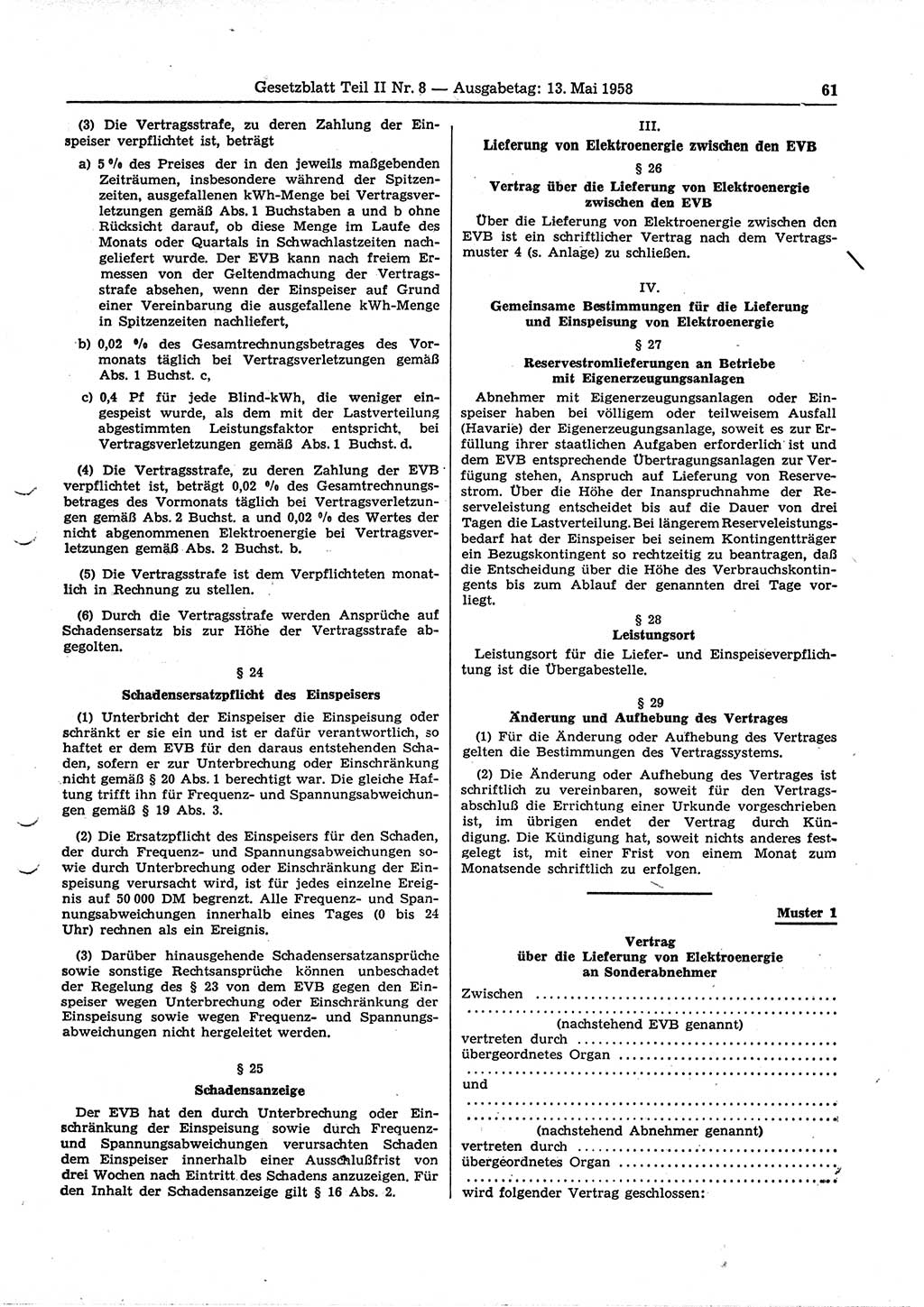Gesetzblatt (GBl.) der Deutschen Demokratischen Republik (DDR) Teil ⅠⅠ 1958, Seite 61 (GBl. DDR ⅠⅠ 1958, S. 61)