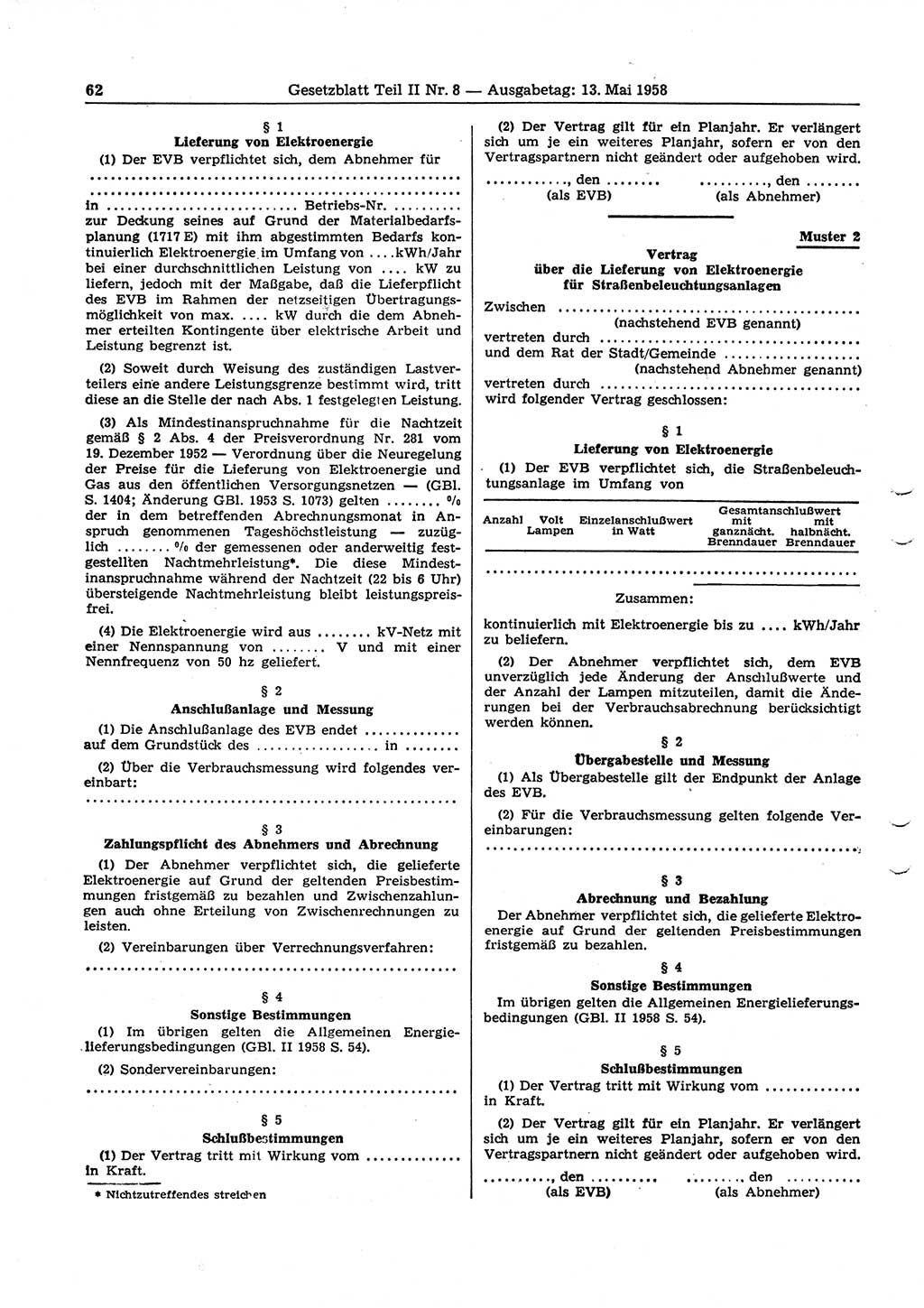 Gesetzblatt (GBl.) der Deutschen Demokratischen Republik (DDR) Teil ⅠⅠ 1958, Seite 62 (GBl. DDR ⅠⅠ 1958, S. 62)