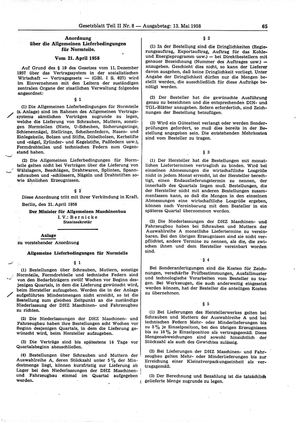 Gesetzblatt (GBl.) der Deutschen Demokratischen Republik (DDR) Teil ⅠⅠ 1958, Seite 65 (GBl. DDR ⅠⅠ 1958, S. 65)