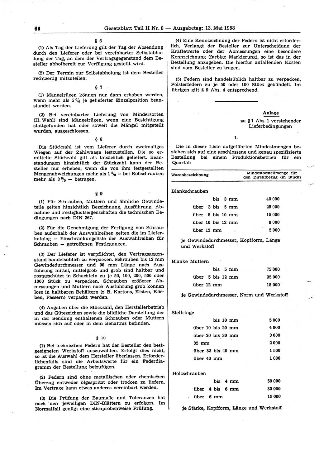 Gesetzblatt (GBl.) der Deutschen Demokratischen Republik (DDR) Teil ⅠⅠ 1958, Seite 66 (GBl. DDR ⅠⅠ 1958, S. 66)