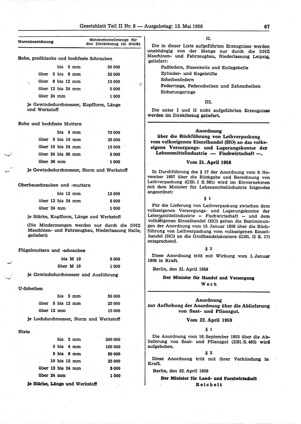 Gesetzblatt (GBl.) der Deutschen Demokratischen Republik (DDR) Teil ⅠⅠ 1958, Seite 67 (GBl. DDR ⅠⅠ 1958, S. 67)