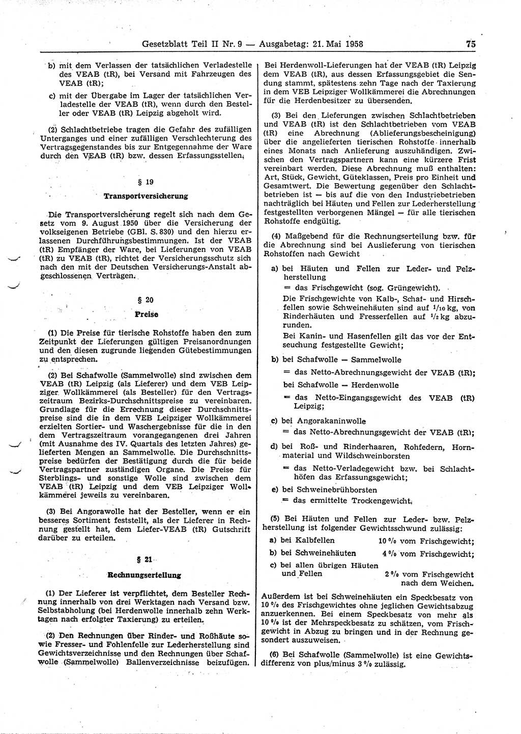 Gesetzblatt (GBl.) der Deutschen Demokratischen Republik (DDR) Teil ⅠⅠ 1958, Seite 75 (GBl. DDR ⅠⅠ 1958, S. 75)