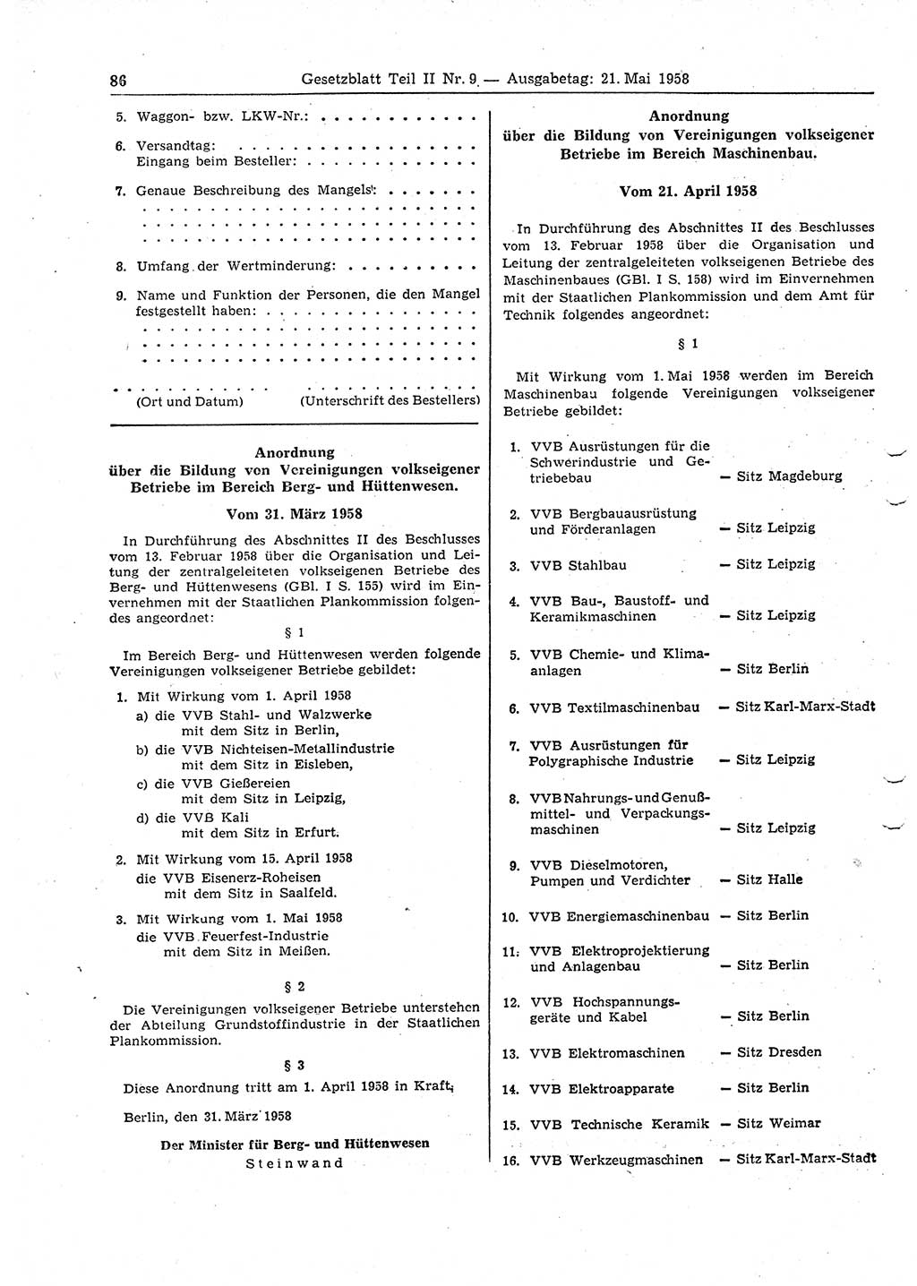 Gesetzblatt (GBl.) der Deutschen Demokratischen Republik (DDR) Teil ⅠⅠ 1958, Seite 86 (GBl. DDR ⅠⅠ 1958, S. 86)