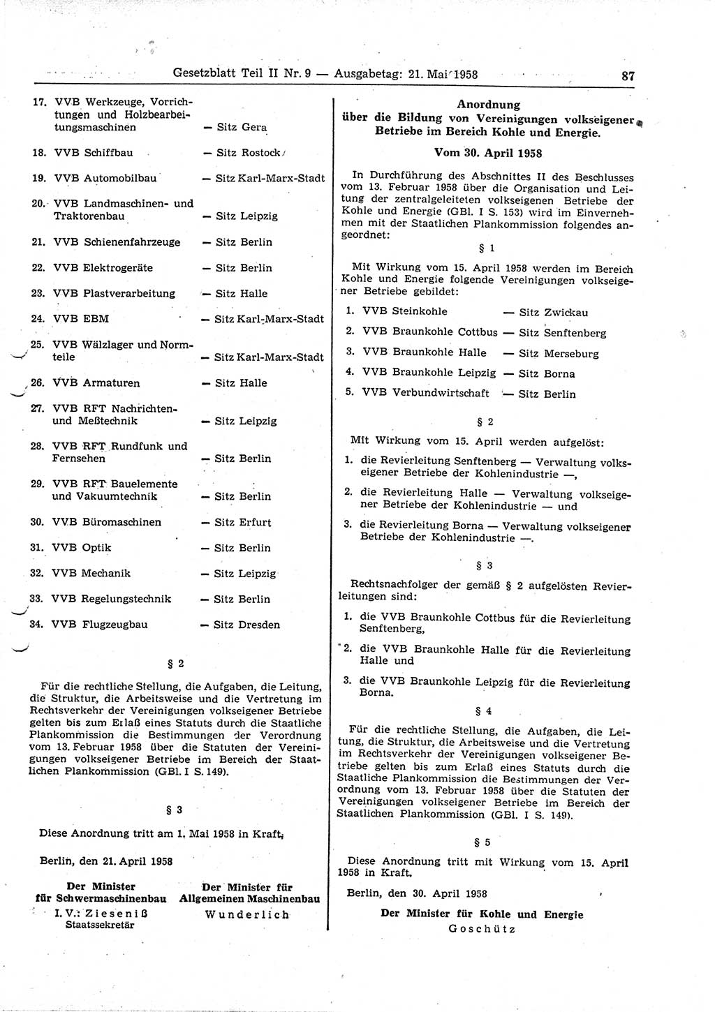 Gesetzblatt (GBl.) der Deutschen Demokratischen Republik (DDR) Teil ⅠⅠ 1958, Seite 87 (GBl. DDR ⅠⅠ 1958, S. 87)