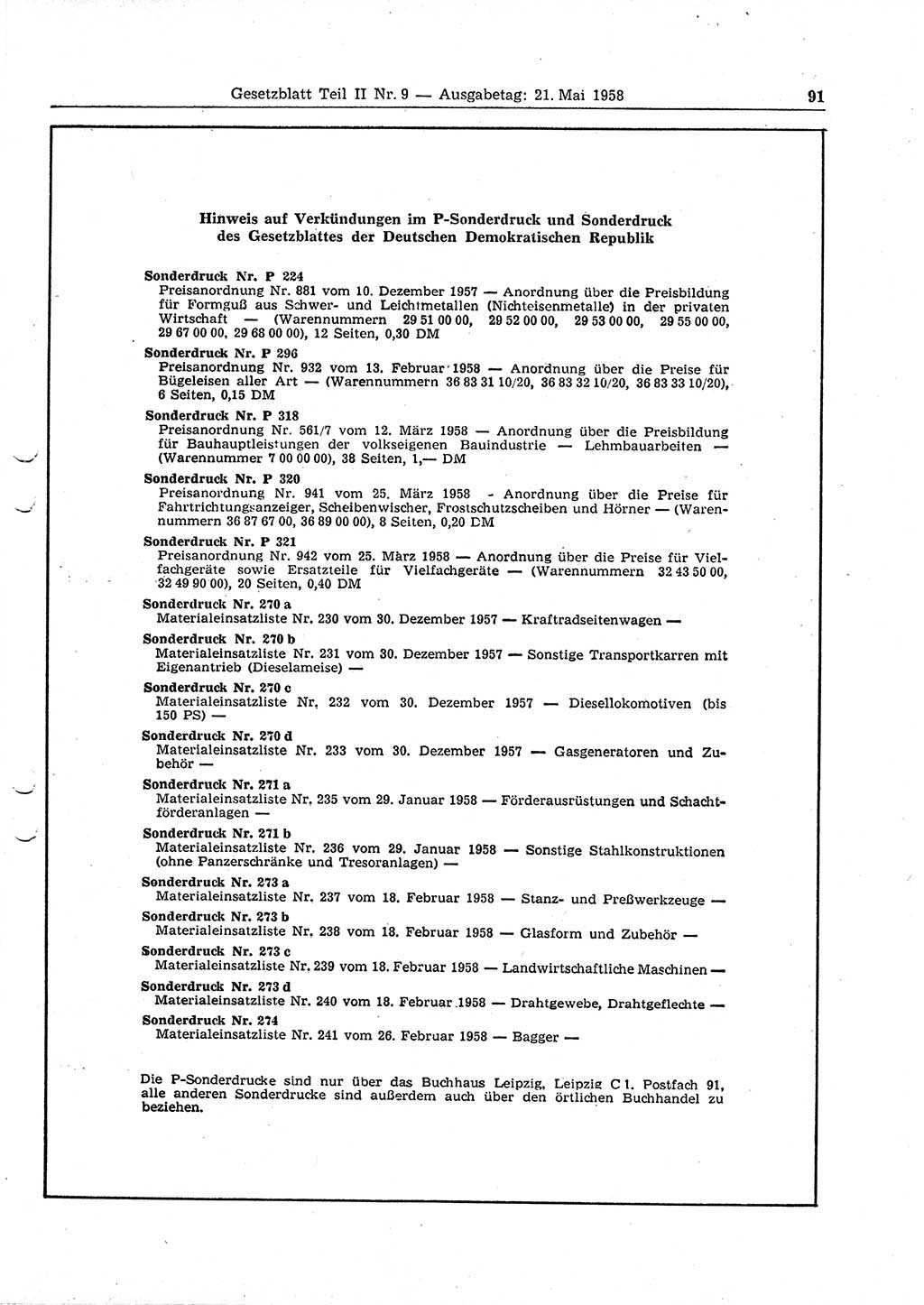 Gesetzblatt (GBl.) der Deutschen Demokratischen Republik (DDR) Teil ⅠⅠ 1958, Seite 91 (GBl. DDR ⅠⅠ 1958, S. 91)