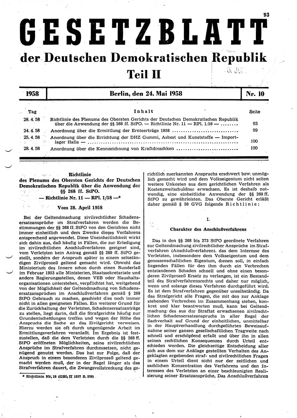 Gesetzblatt (GBl.) der Deutschen Demokratischen Republik (DDR) Teil ⅠⅠ 1958, Seite 93 (GBl. DDR ⅠⅠ 1958, S. 93)