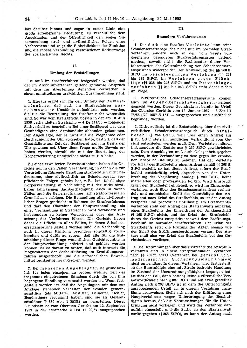 Gesetzblatt (GBl.) der Deutschen Demokratischen Republik (DDR) Teil ⅠⅠ 1958, Seite 94 (GBl. DDR ⅠⅠ 1958, S. 94)