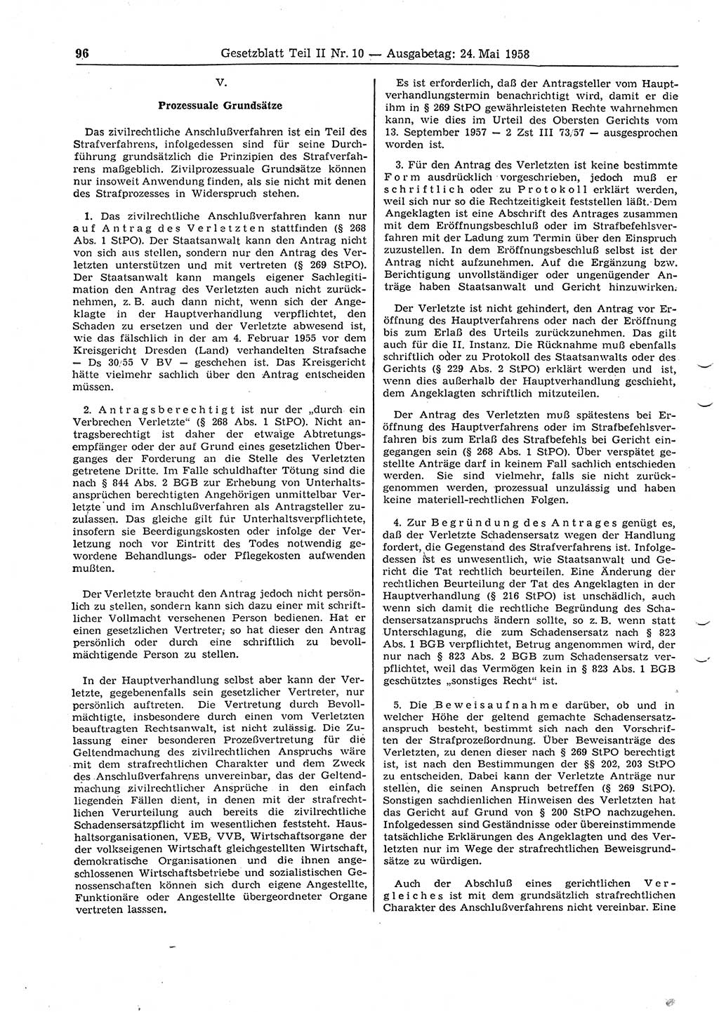 Gesetzblatt (GBl.) der Deutschen Demokratischen Republik (DDR) Teil ⅠⅠ 1958, Seite 96 (GBl. DDR ⅠⅠ 1958, S. 96)