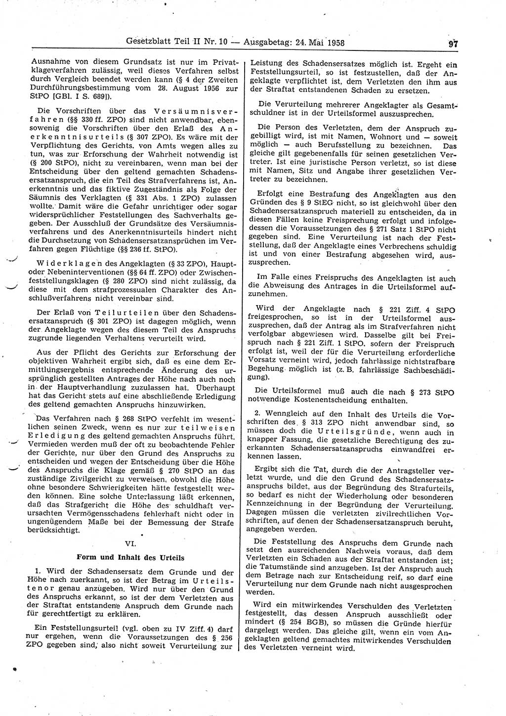Gesetzblatt (GBl.) der Deutschen Demokratischen Republik (DDR) Teil ⅠⅠ 1958, Seite 97 (GBl. DDR ⅠⅠ 1958, S. 97)