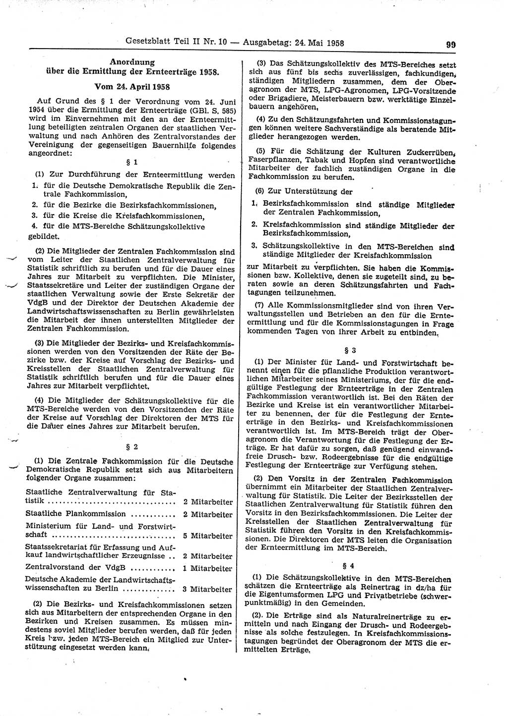 Gesetzblatt (GBl.) der Deutschen Demokratischen Republik (DDR) Teil ⅠⅠ 1958, Seite 99 (GBl. DDR ⅠⅠ 1958, S. 99)