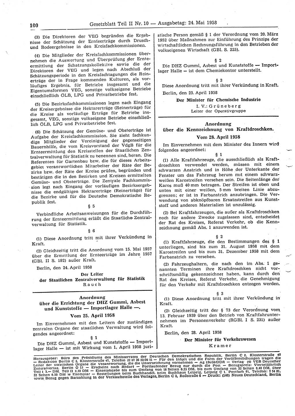 Gesetzblatt (GBl.) der Deutschen Demokratischen Republik (DDR) Teil ⅠⅠ 1958, Seite 100 (GBl. DDR ⅠⅠ 1958, S. 100)