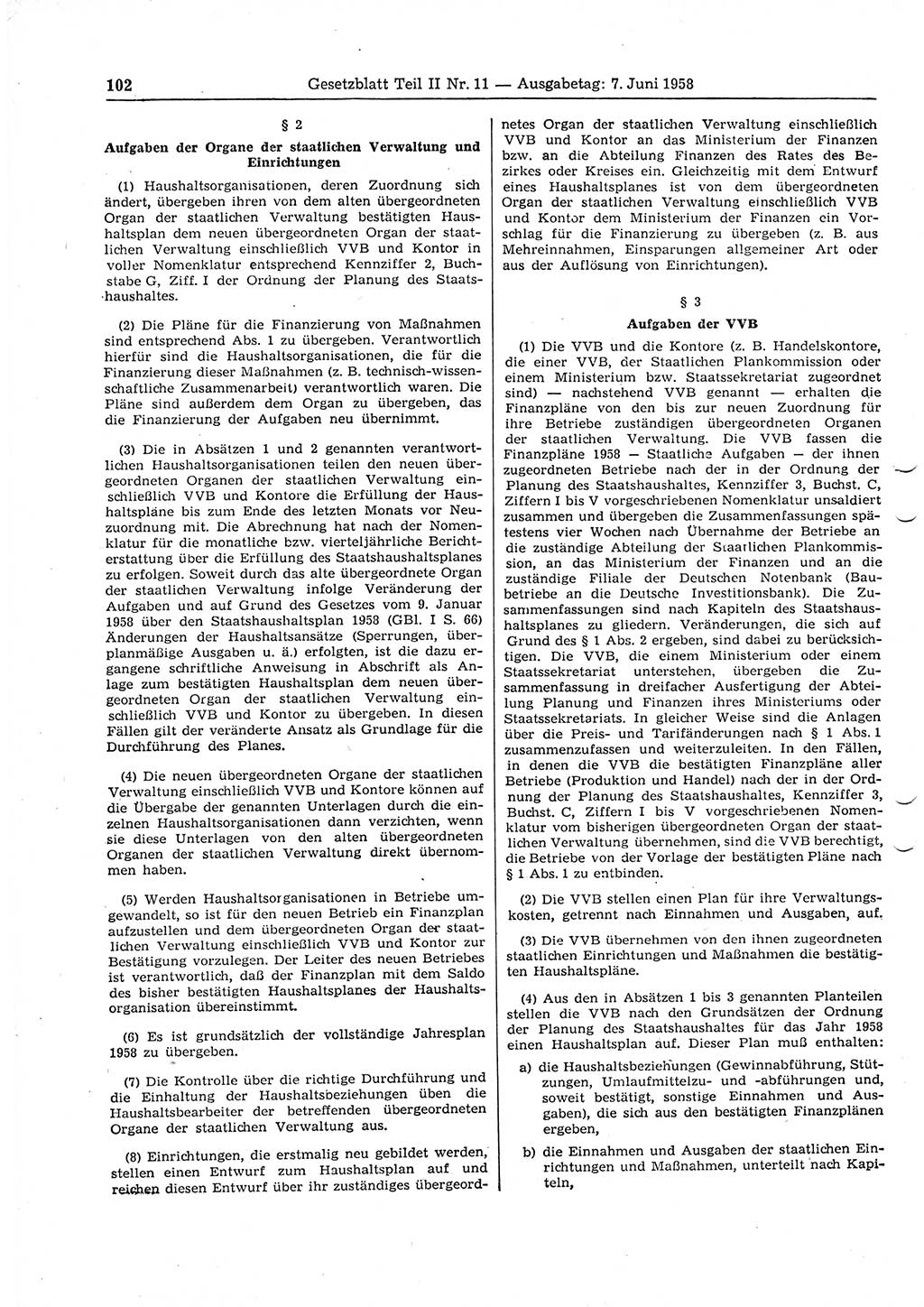 Gesetzblatt (GBl.) der Deutschen Demokratischen Republik (DDR) Teil ⅠⅠ 1958, Seite 102 (GBl. DDR ⅠⅠ 1958, S. 102)