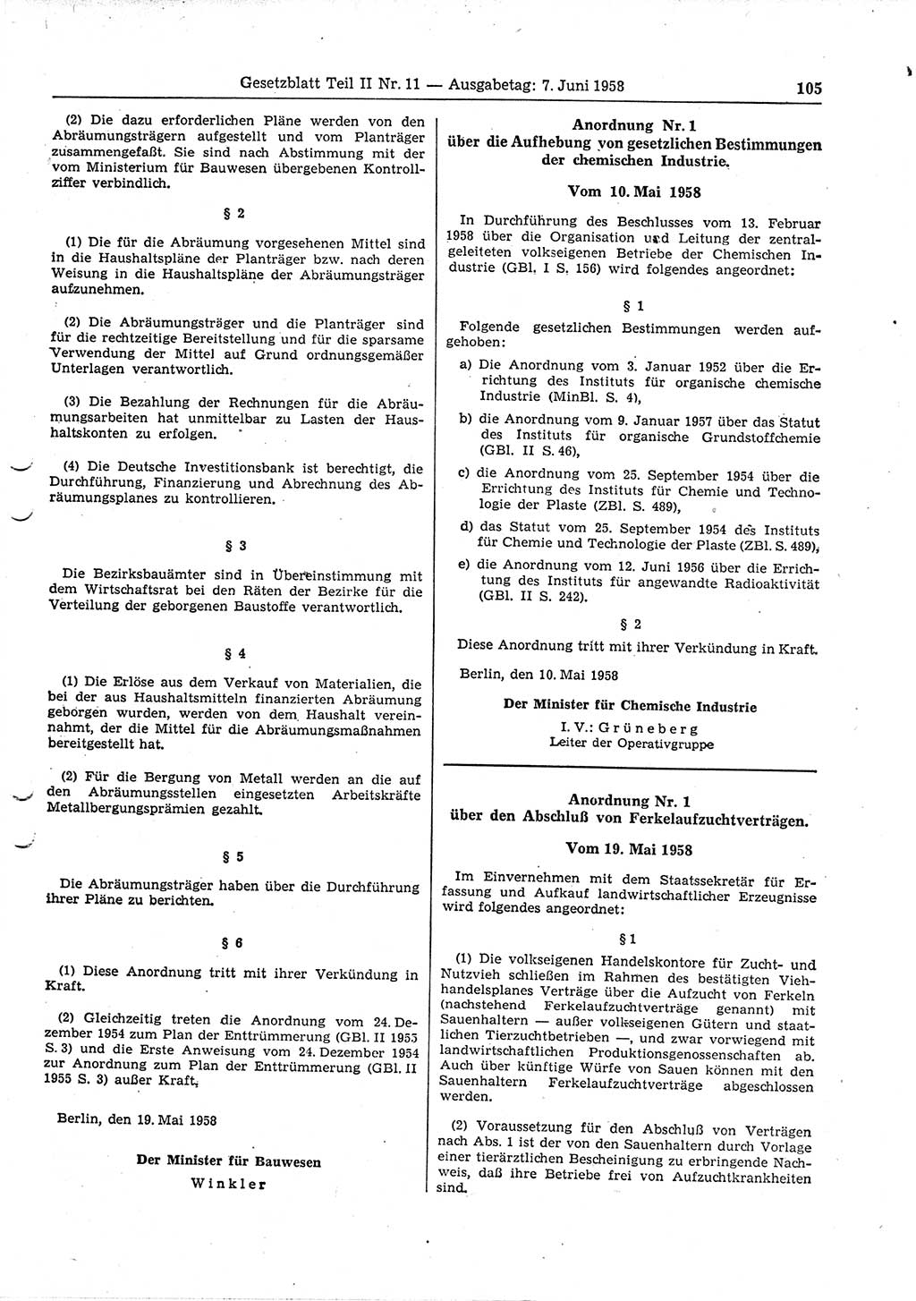 Gesetzblatt (GBl.) der Deutschen Demokratischen Republik (DDR) Teil ⅠⅠ 1958, Seite 105 (GBl. DDR ⅠⅠ 1958, S. 105)