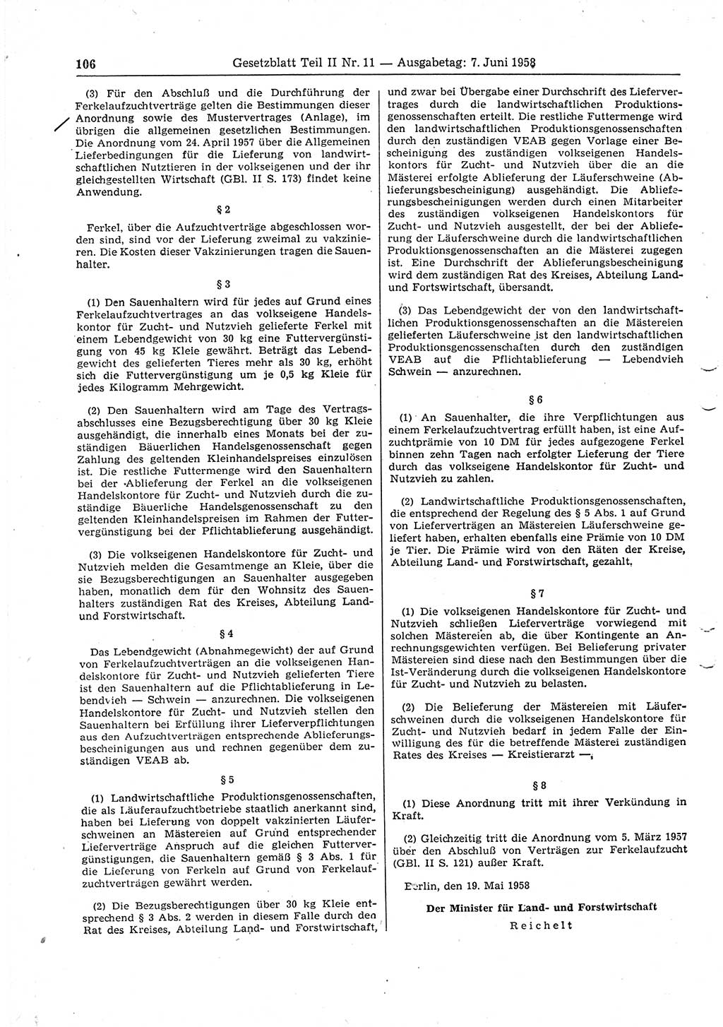 Gesetzblatt (GBl.) der Deutschen Demokratischen Republik (DDR) Teil ⅠⅠ 1958, Seite 106 (GBl. DDR ⅠⅠ 1958, S. 106)