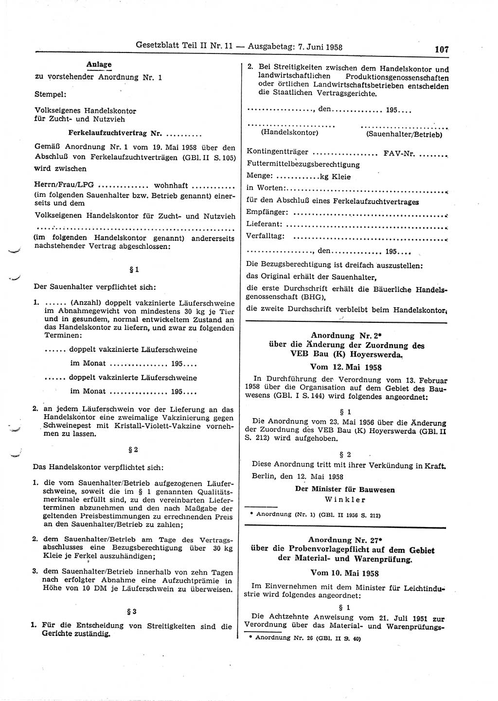 Gesetzblatt (GBl.) der Deutschen Demokratischen Republik (DDR) Teil â… â… 1958, Seite 107 (GBl. DDR â… â… 1958, S. 107)