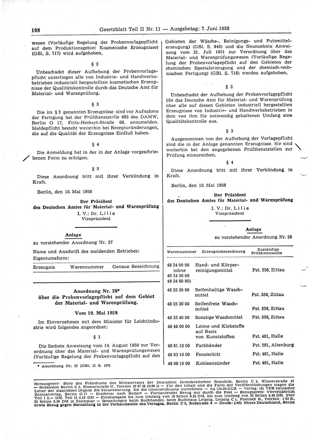 Gesetzblatt (GBl.) der Deutschen Demokratischen Republik (DDR) Teil ⅠⅠ 1958, Seite 108 (GBl. DDR ⅠⅠ 1958, S. 108)