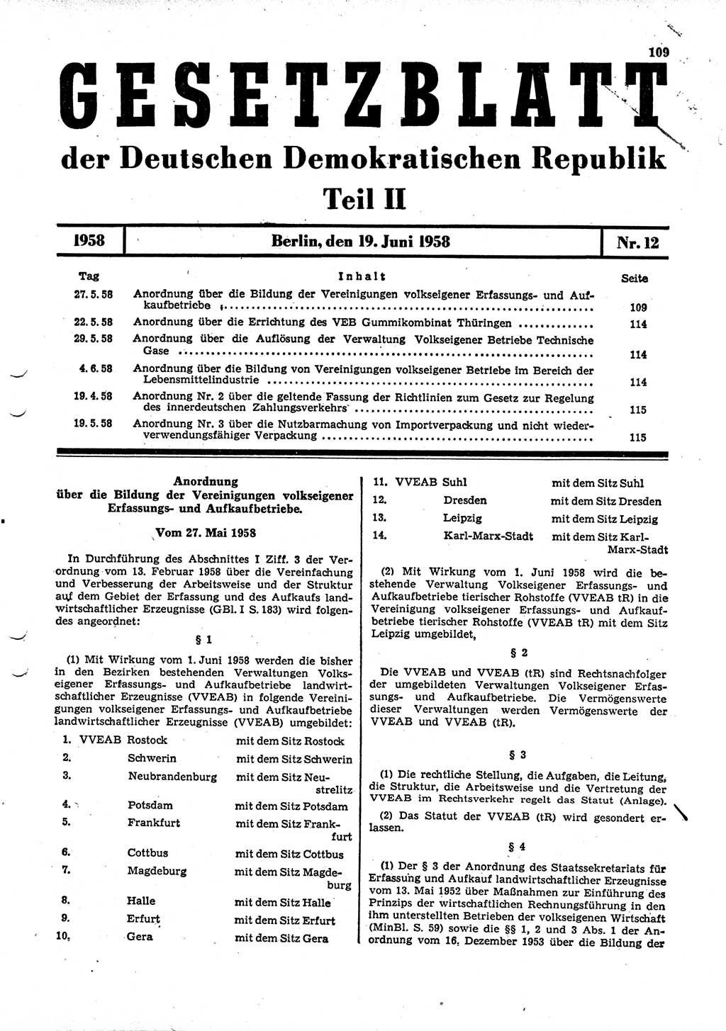 Gesetzblatt (GBl.) der Deutschen Demokratischen Republik (DDR) Teil ⅠⅠ 1958, Seite 109 (GBl. DDR ⅠⅠ 1958, S. 109)