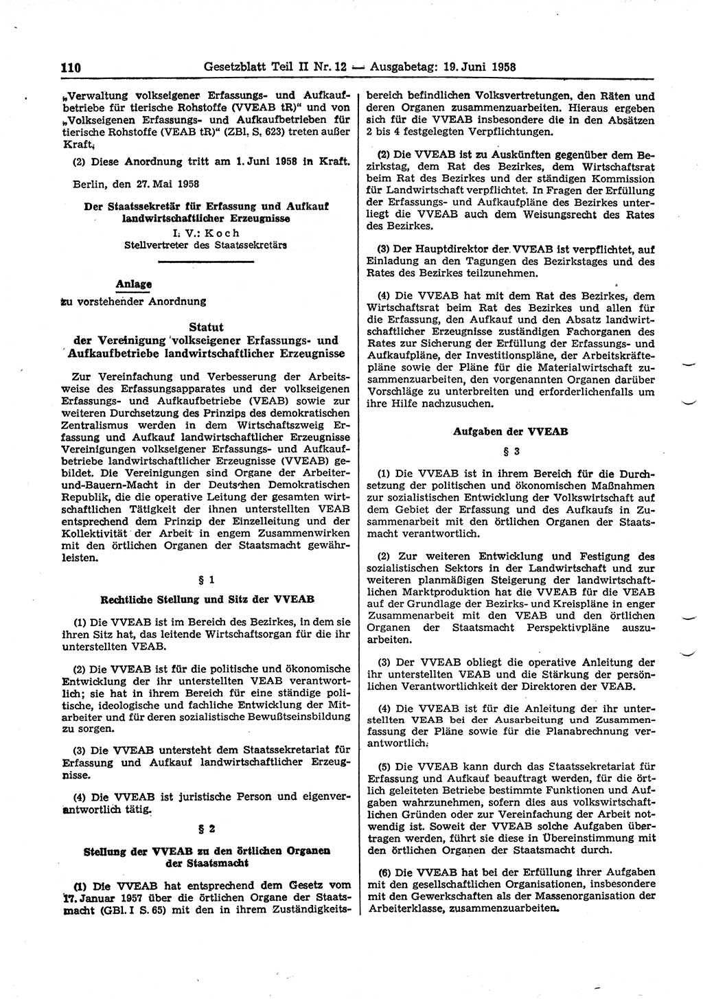 Gesetzblatt (GBl.) der Deutschen Demokratischen Republik (DDR) Teil ⅠⅠ 1958, Seite 110 (GBl. DDR ⅠⅠ 1958, S. 110)