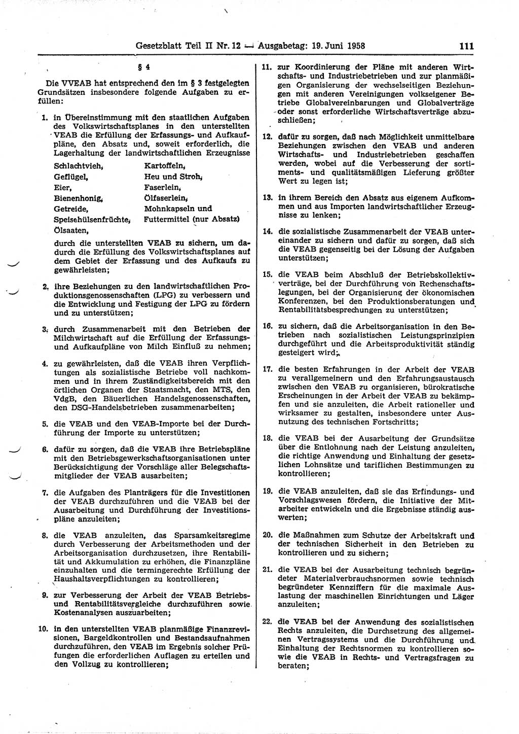 Gesetzblatt (GBl.) der Deutschen Demokratischen Republik (DDR) Teil ⅠⅠ 1958, Seite 111 (GBl. DDR ⅠⅠ 1958, S. 111)
