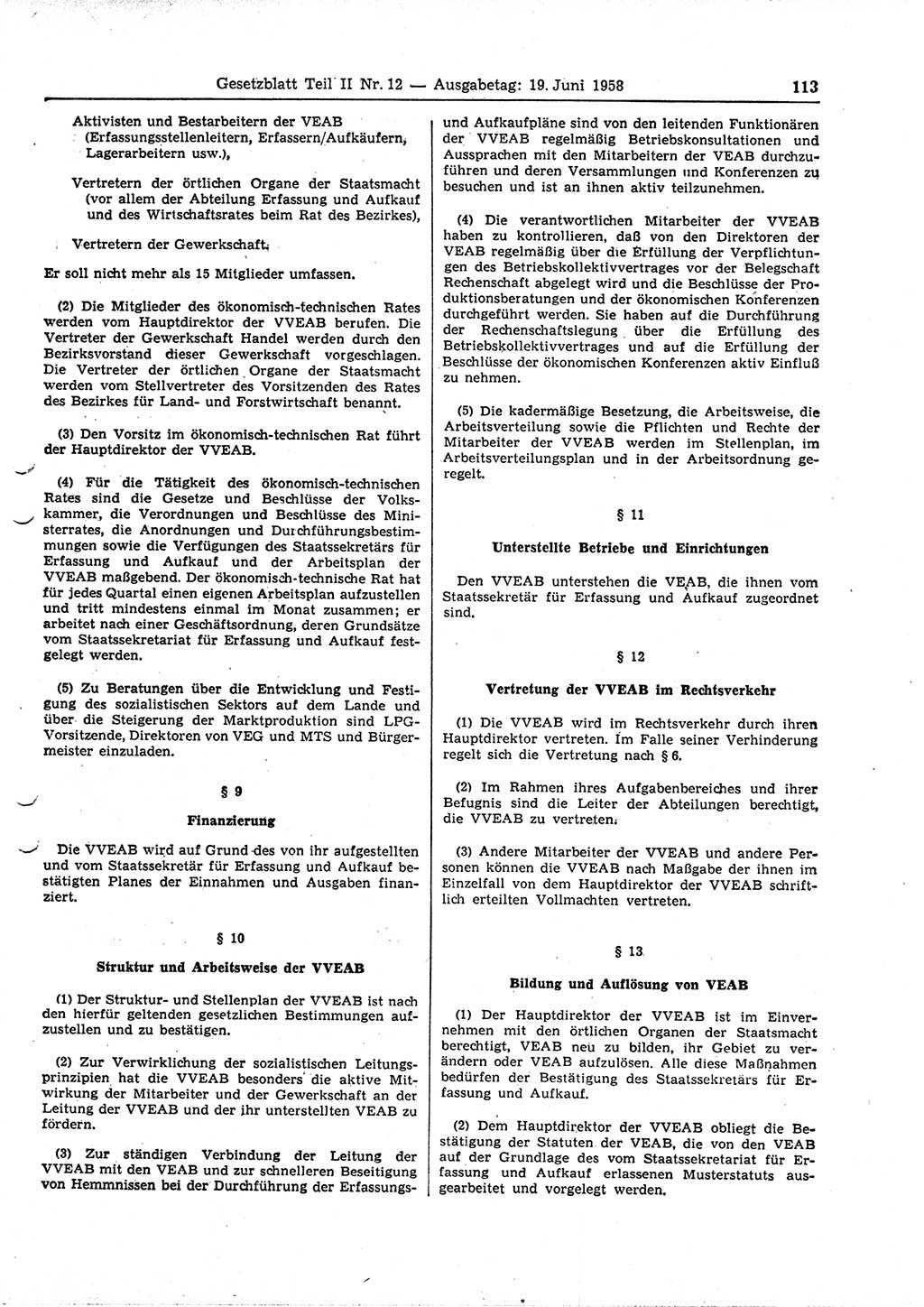 Gesetzblatt (GBl.) der Deutschen Demokratischen Republik (DDR) Teil ⅠⅠ 1958, Seite 113 (GBl. DDR ⅠⅠ 1958, S. 113)