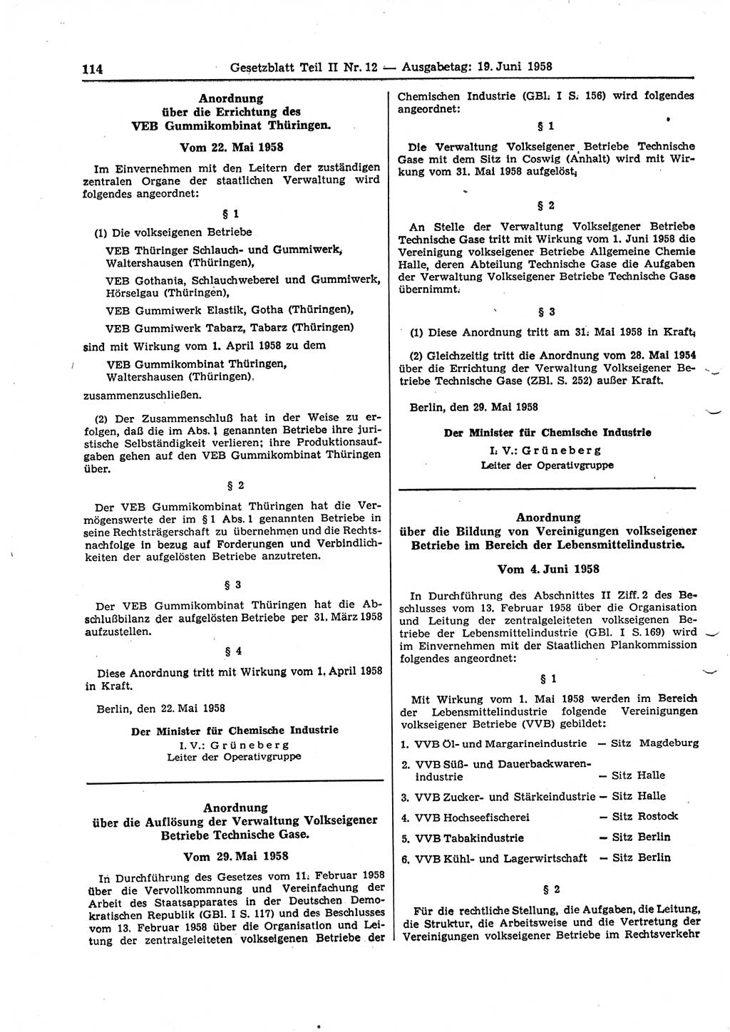 Gesetzblatt (GBl.) der Deutschen Demokratischen Republik (DDR) Teil ⅠⅠ 1958, Seite 114 (GBl. DDR ⅠⅠ 1958, S. 114)